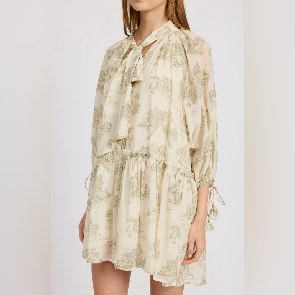 En Saison Cream Olive Leighton Toile Minidress Printed Long Sleeve Size Medium - Picture 4 of 16